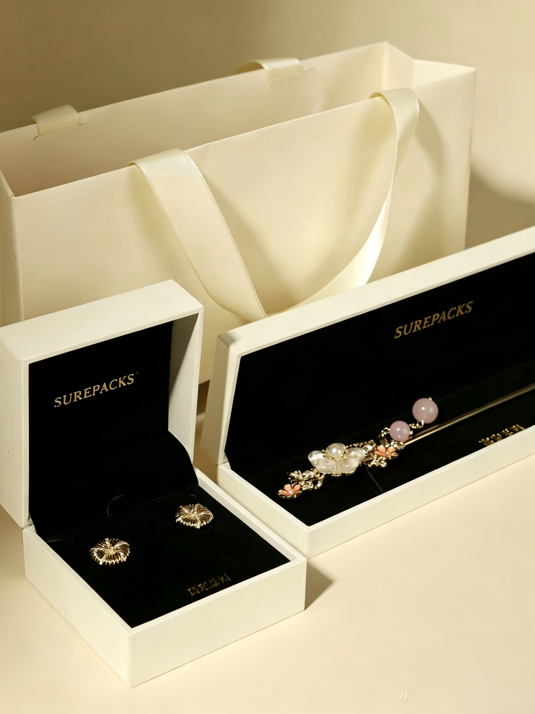 Cream & Velvet Black Fine Jewelry Packaging Suite Top Opening