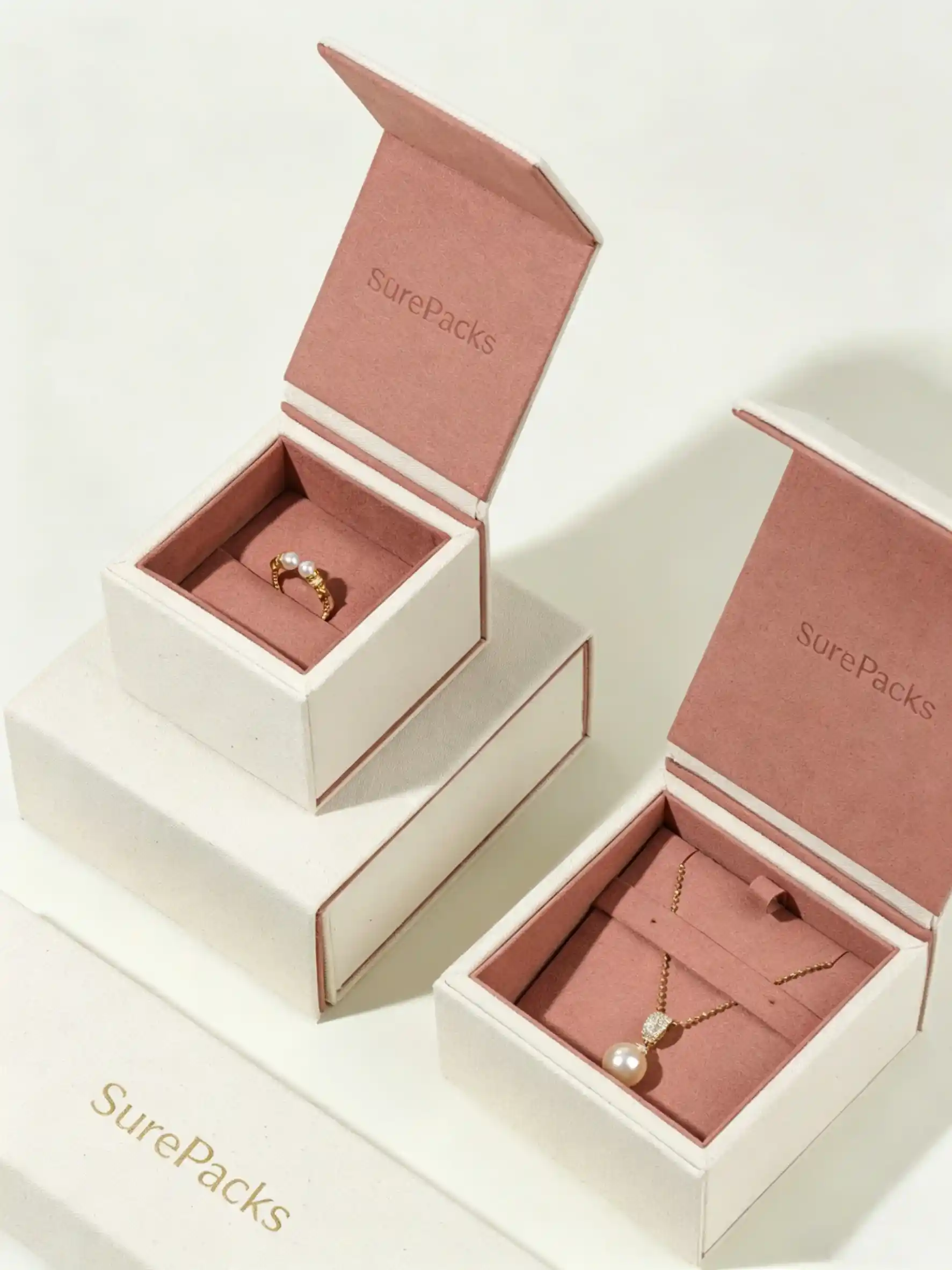 Elegant Off-White & Dusty Rose Hinged Jewelry Box Set