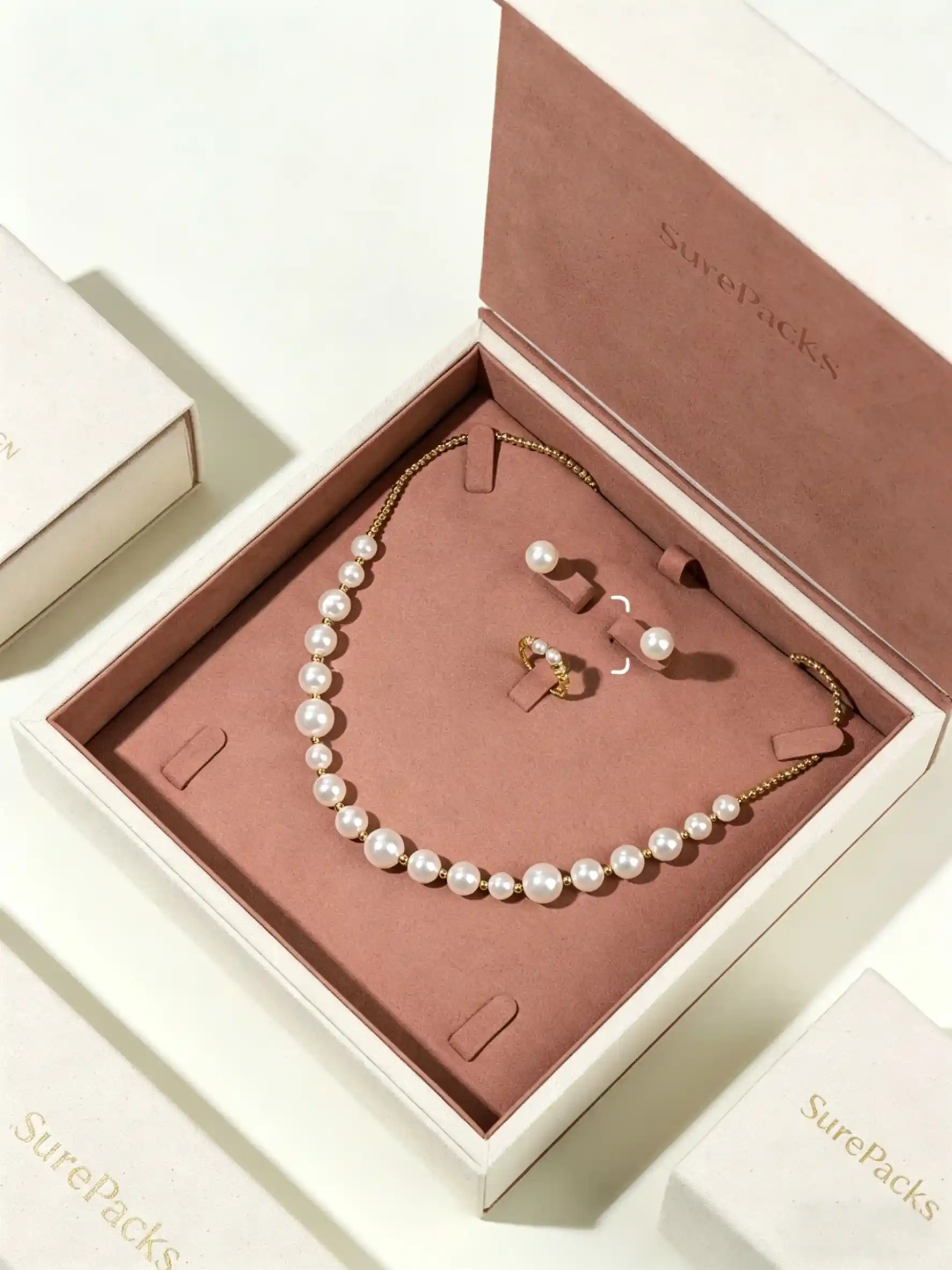 Elegant Off-White & Dusty Rose Hinged Jewelry Box Set - Image 3