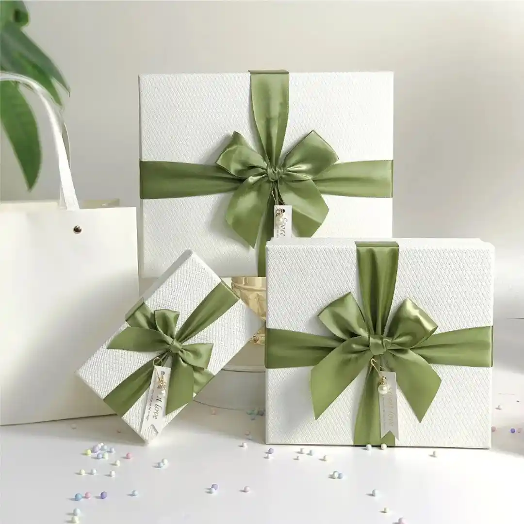 Elegant White Gift Box Collection with Sage Satin Ribbon