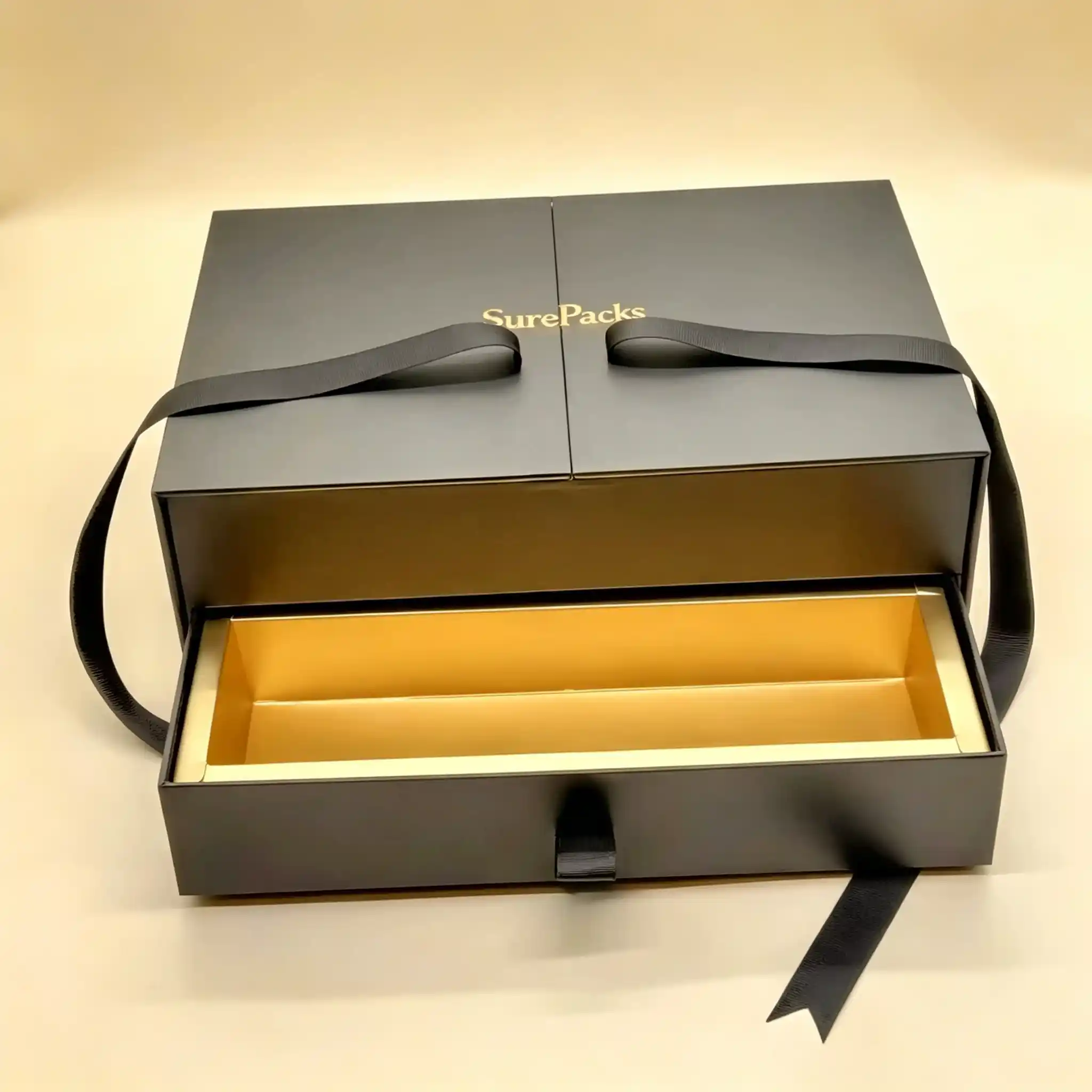 Matte Black & Gold Two-Tier Gatefold Drawer Box - Image 3