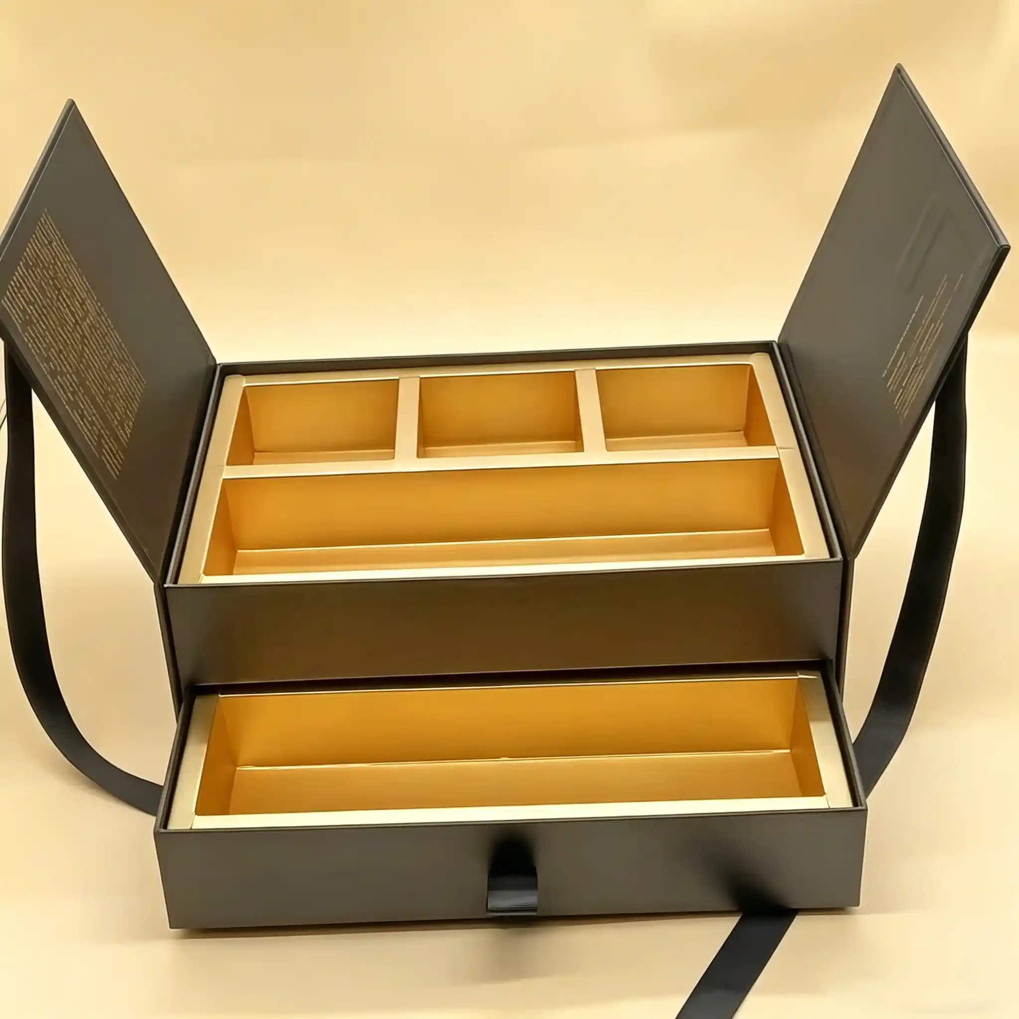 Matte Black & Gold Two-Tier Gatefold Drawer Box - Image 4